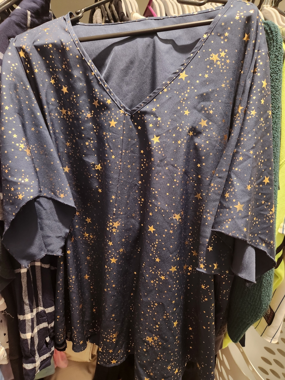 Star Print V-Neck Top - Navy & Gold